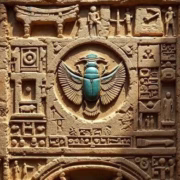 Ancient Egyptian scarab relief surrounded by hieroglyphs on temple wall
