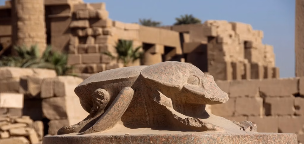 Scarab sculpture in Karnak Temple representing rebirth in ancient Egypt