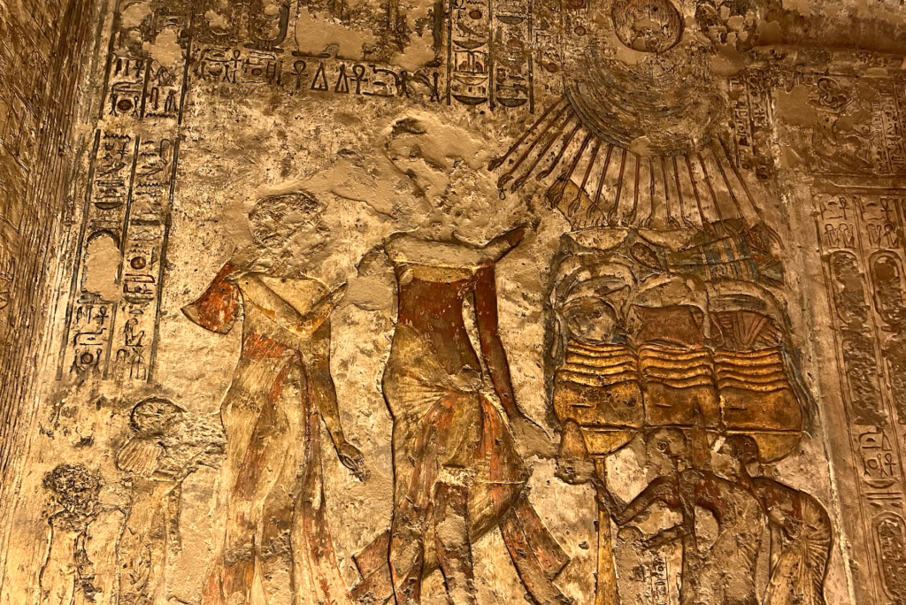 Amarna tomb relief Akhenaten and Nefertiti worshipping Aten sun disk Tell El Amarna Egypt