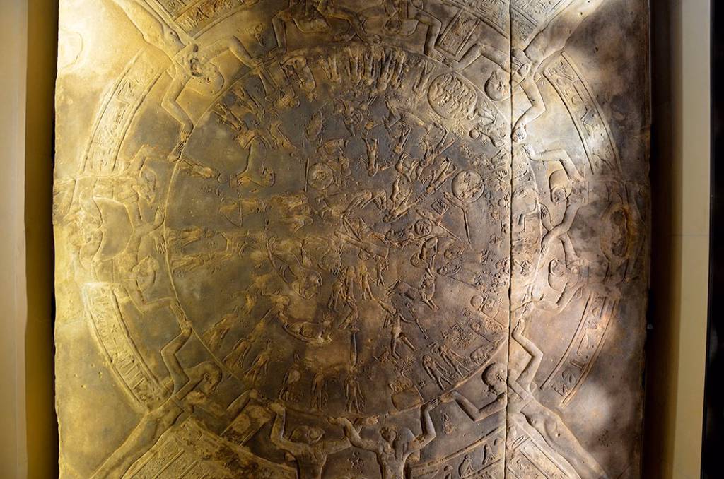 Dendera zodiac ceiling carving showing ancient Egyptian astronomy symbols