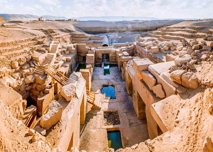 Ancient Osireion structure with massive stone blocks and water channels